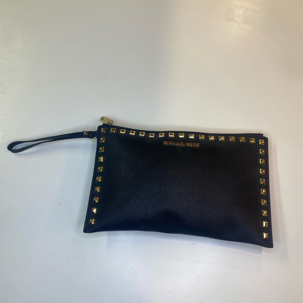 Michael Kors Black Saffiano Leather Wristlet with Gold Accents